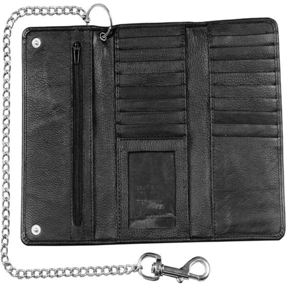 Cowhide Leather Trifold Long Chain Motorcycle Biker Trucker Wallet RFID